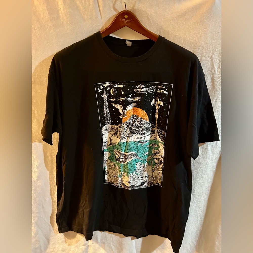 Jungtelly Arctic Exploration Hand Printed Mens Black Graphic T-Shirt 3XL